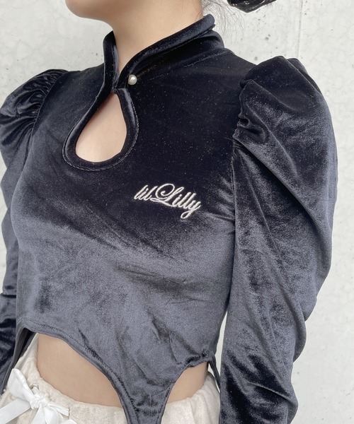 lilLilly（リルリリー）の「ベロアガータートップス（Tシャツ/カットソー・レディース・ホワイト/ブラック/ピンク・FREE）」の6枚目の写真