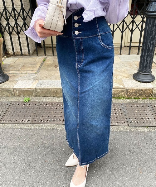 セール】3釦ハイウエストデニムナロータイトスカート（デニムスカート