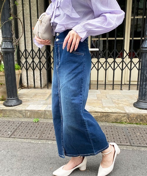 セール】3釦ハイウエストデニムナロータイトスカート（デニムスカート