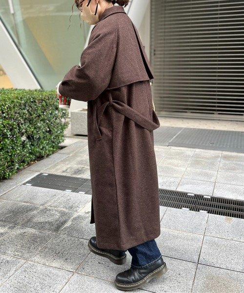 CPCM　フェイクウールケープ付きステンカラーコート　ダークブラウン セール】フェイクウールケープ付きステンカラーコート（ステン