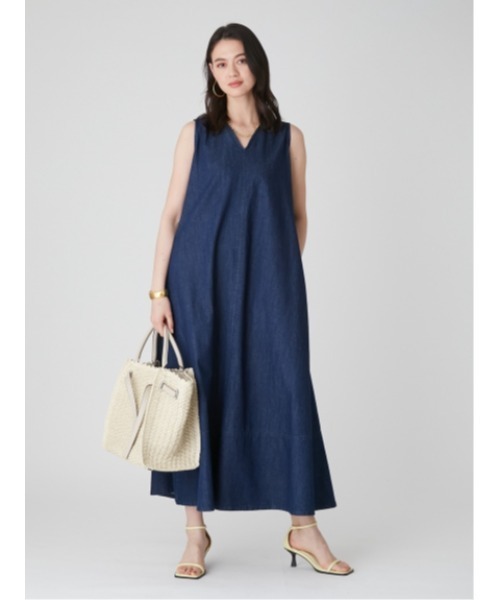Vネックノースリデニムワンピース【マシーンウォッシャブル】