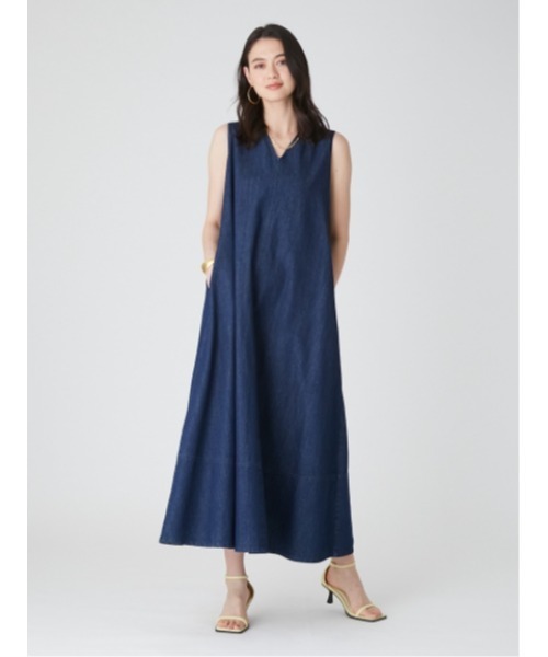 Vネックノースリデニムワンピース【マシーンウォッシャブル】