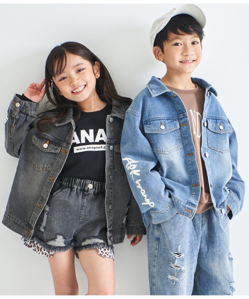 ANAP kids(アナップキッズ)の「APKダメージデニムGジャン(デニムジャケット・キッズ・ブルー/ブラック・120cm/110cm/130cm)」の3枚目の写真
