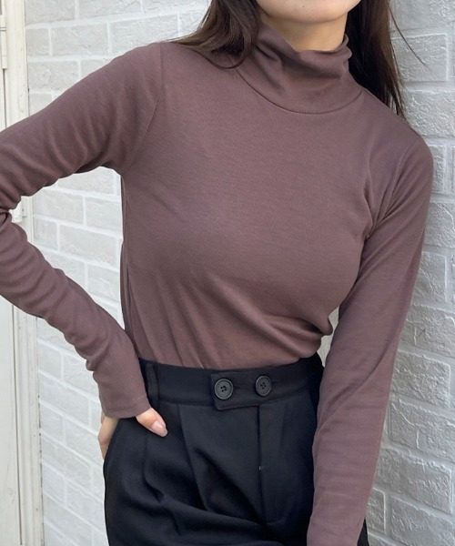 ad thie(アドティエ)の「滑らかストレッチ素材 プレーンタートル(Tシャツ/カットソー・レディース・ブラック/ピンク/ブラウン/チャコール/オフホワイト/ナチュラル・FREE/LL)」の1枚目の写真