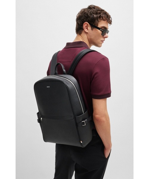 BOSS ボス★ブラック ラージ レザー バッグ セール】シルバートーンBOSSロゴ ストラクチャードレザー バック