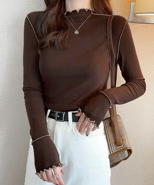Miniministore(ミニミニストア)の「パイピングトップス ヒートインナー微起毛(Tシャツ/カットソー・レディース・クリーム/ホワイト/ブラック/テラコッタ/ブラウン/モスグリーン・FREE)」の7枚目の写真