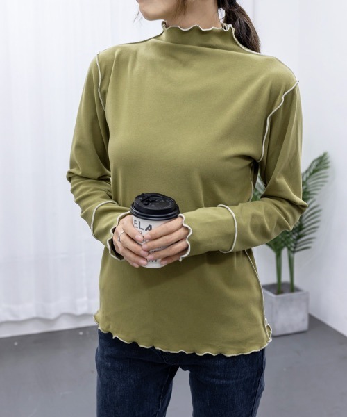 Miniministore(ミニミニストア)の「パイピングトップス ヒートインナー微起毛(Tシャツ/カットソー・レディース・クリーム/ホワイト/ブラック/テラコッタ/ブラウン/モスグリーン・FREE)」の14枚目の写真