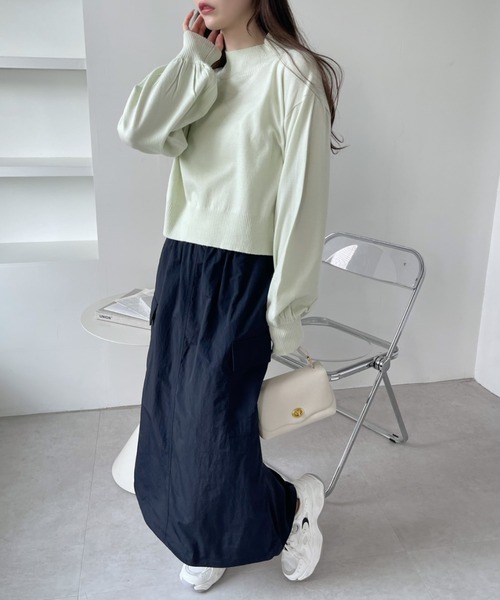セール】【春ニット】モックネック ボリュームスリーブ ショート