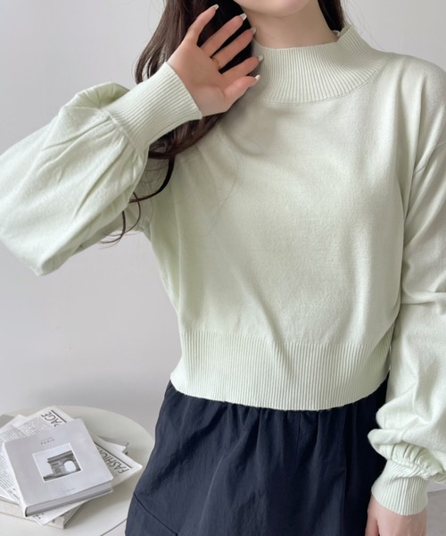 セール】【春ニット】モックネック ボリュームスリーブ ショート