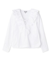 GANNI COTTON POPLIN RUFFLE Vネックブラウス