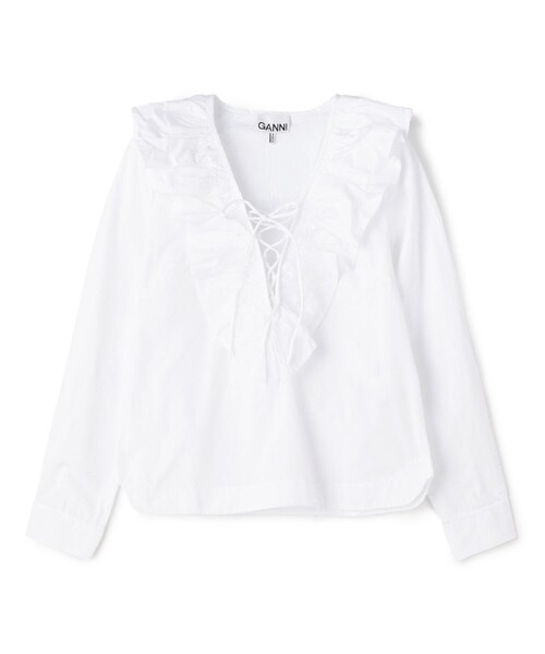 GANNI(ガニー)の「GANNI COTTON POPLIN RUFFLE Vネックブラウス(シャツ/ブラウス・レディース・ホワイト/ブラック・34)」の1枚目の写真