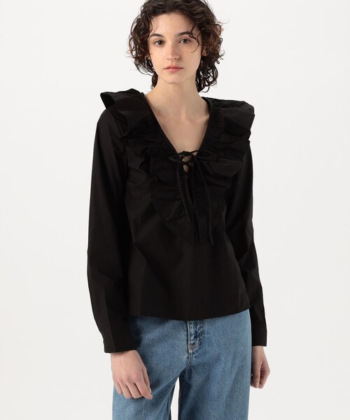 GANNI(ガニー)の「GANNI COTTON POPLIN RUFFLE Vネックブラウス(シャツ/ブラウス・レディース・ホワイト/ブラック・34)」の11枚目の写真