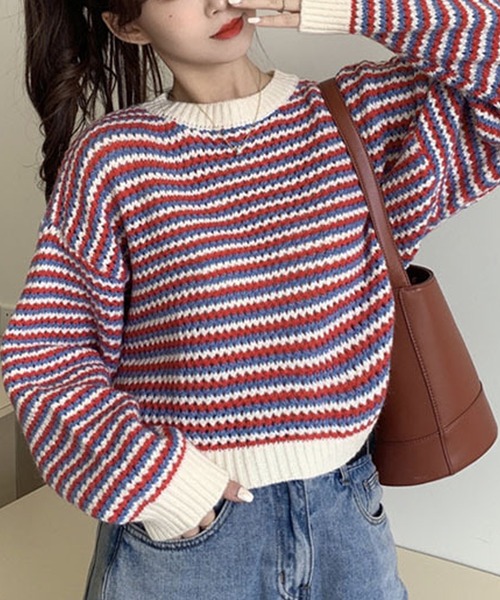 Primazel（プリマゼル）の「ポップカラーボーダーニットトップス（ニット/セーター・レディース・グリーン/レッド・M）」の2枚目の写真