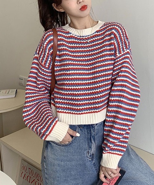 Primazel（プリマゼル）の「ポップカラーボーダーニットトップス（ニット/セーター・レディース・グリーン/レッド・M）」の3枚目の写真