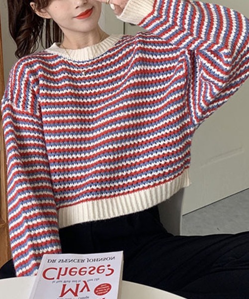 Primazel（プリマゼル）の「ポップカラーボーダーニットトップス（ニット/セーター・レディース・グリーン/レッド・M）」の4枚目の写真