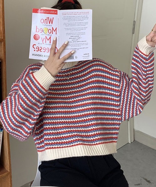 Primazel（プリマゼル）の「ポップカラーボーダーニットトップス（ニット/セーター・レディース・グリーン/レッド・M）」の6枚目の写真