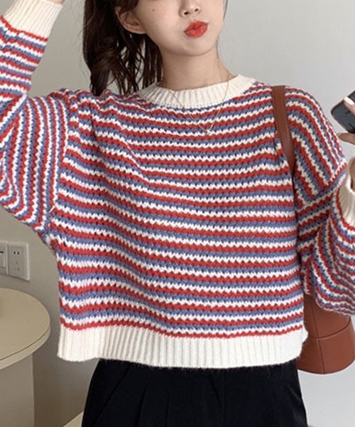 Primazel（プリマゼル）の「ポップカラーボーダーニットトップス（ニット/セーター・レディース・グリーン/レッド・M）」の11枚目の写真