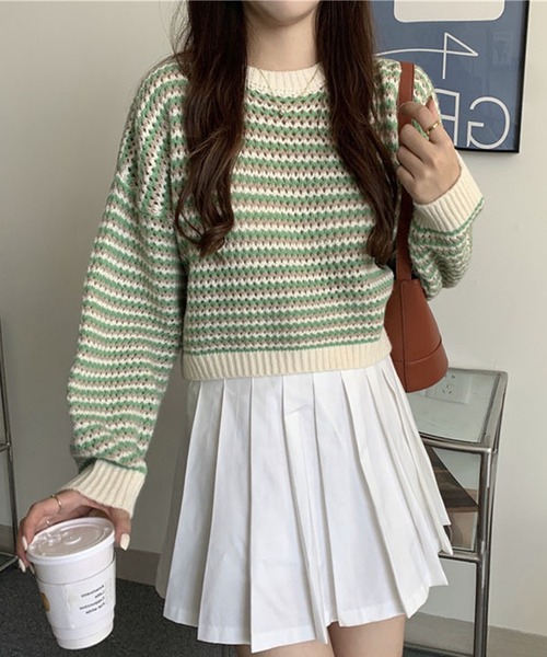 Primazel（プリマゼル）の「ポップカラーボーダーニットトップス（ニット/セーター・レディース・グリーン/レッド・M）」の14枚目の写真