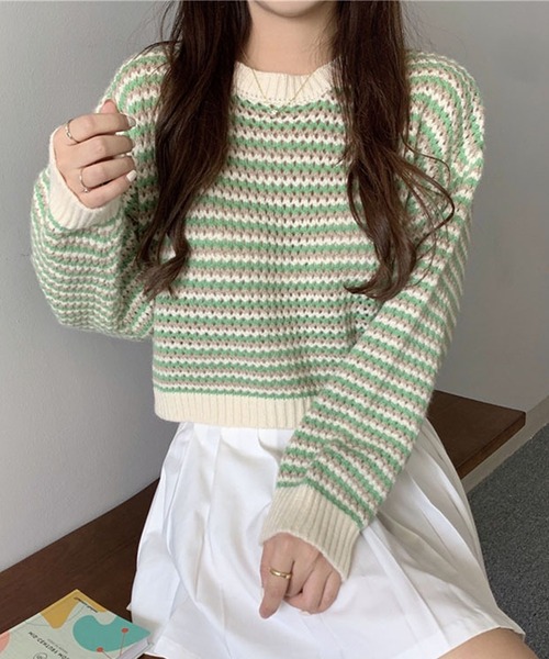 Primazel（プリマゼル）の「ポップカラーボーダーニットトップス（ニット/セーター・レディース・グリーン/レッド・M）」の15枚目の写真