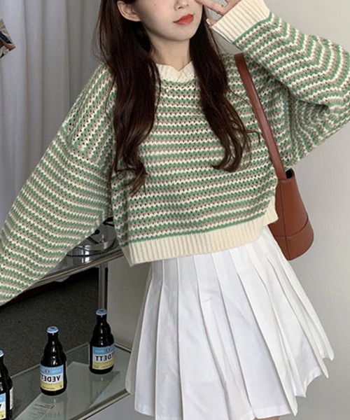 Primazel（プリマゼル）の「ポップカラーボーダーニットトップス（ニット/セーター・レディース・グリーン/レッド・M）」の9枚目の写真