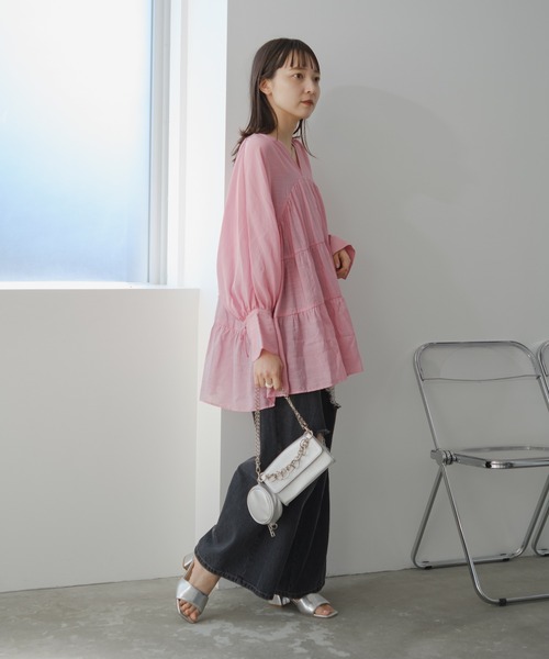 yori ヨリ ストライプティアードチュニック ピンク 新品未使用 タグ付 新品未使用タグ付き yori フクレティアードブラウス 36 ピンク