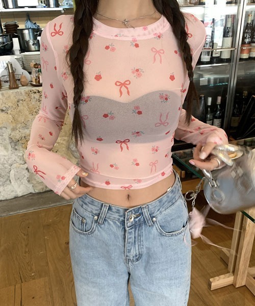 Mayree(メイリー)の「【Mayree】リボン フラワー シアートップス(Tシャツ/カットソー・レディース・ホワイト/ブラック/ピンク・FREE)」の1枚目の写真