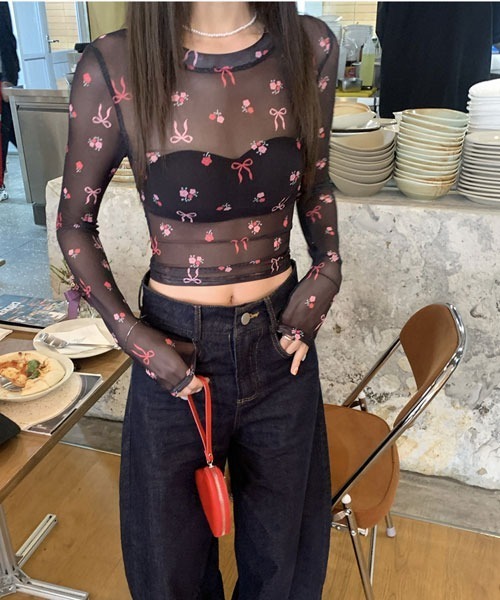 Mayree(メイリー)の「【Mayree】リボン フラワー シアートップス(Tシャツ/カットソー・レディース・ホワイト/ブラック/ピンク・FREE)」の8枚目の写真