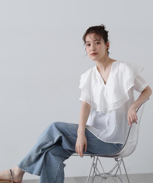 N.（N. Natural Beauty Basic）（エヌエヌナチュラルビューティーベーシック）の「◆スキッパーフリルブラウス（シャツ/ブラウス・レディース・グレー/ホワイト/ライトグリーン・MEDIUM）」の10枚目の写真
