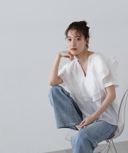 N.（N. Natural Beauty Basic）（エヌエヌナチュラルビューティーベーシック）の「◆スキッパーフリルブラウス（シャツ/ブラウス・レディース・グレー/ホワイト/ライトグリーン・MEDIUM）」の15枚目の写真