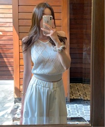 アーガイルパンチングリボンホルターニット