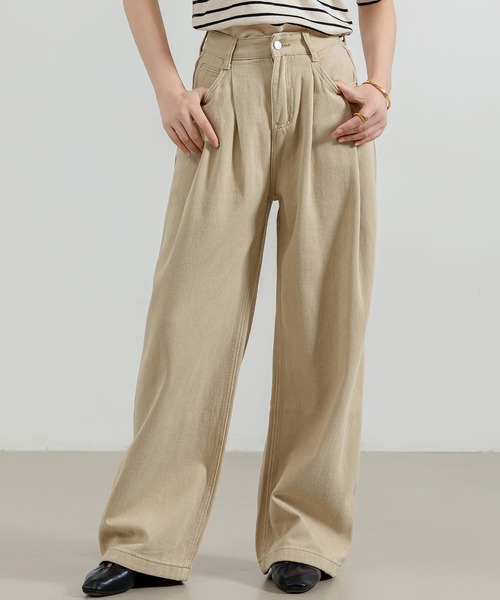 DAY CLOSET（デイ クローゼット）の「レディース ノームコアタックワイドパンツ（デニムパンツ・レディース・ブラック/サンドベージュ・XL/L/M/S）」の2枚目の写真