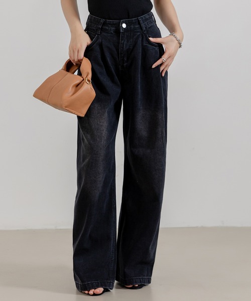 DAY CLOSET（デイ クローゼット）の「レディース ノームコアタックワイドパンツ（デニムパンツ・レディース・ブラック/サンドベージュ・XL/L/M/S）」の3枚目の写真