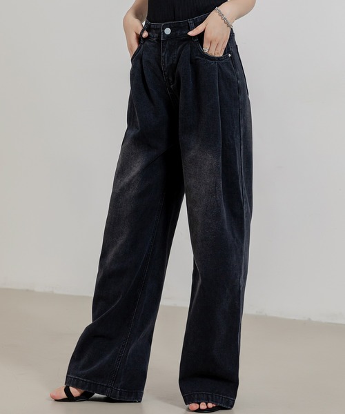 DAY CLOSET（デイ クローゼット）の「レディース ノームコアタックワイドパンツ（デニムパンツ・レディース・ブラック/サンドベージュ・XL/L/M/S）」の4枚目の写真