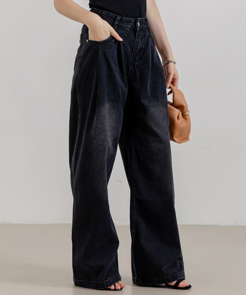 DAY CLOSET（デイ クローゼット）の「レディース ノームコアタックワイドパンツ（デニムパンツ・レディース・ブラック/サンドベージュ・XL/L/M/S）」の5枚目の写真