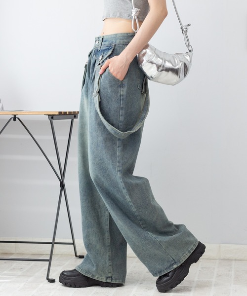 セール】サスペンダー付き デニムルーズ ワイドパンツ（デニム