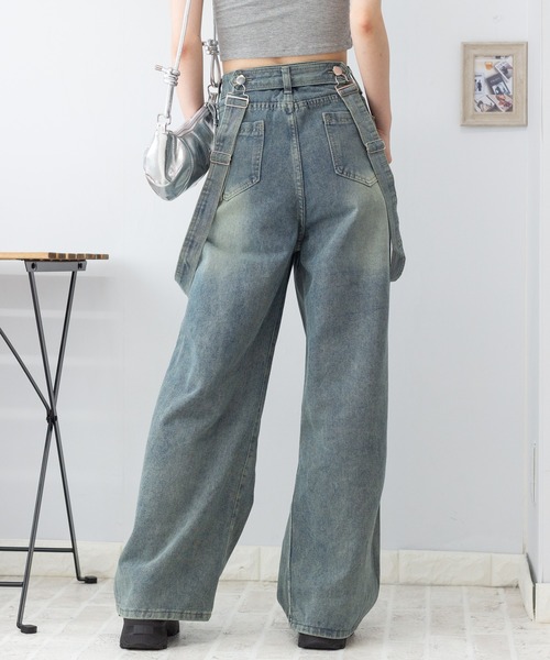セール】サスペンダー付き デニムルーズ ワイドパンツ（デニム