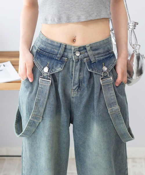 セール】サスペンダー付き デニムルーズ ワイドパンツ（デニム