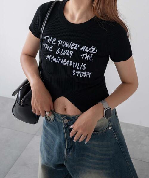 dispark(ディスパーク)の「DISPARK/手書き風ロゴウエストタックデザインリブT(Tシャツ/カットソー・レディース・ブラック/グレー・FREE)」の1枚目の写真