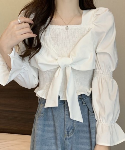 Achic(アシック)の「スクエアネック胸リボンブラウス(Tシャツ/カットソー・レディース・ブラック/アイボリー/ホワイト・M)」の9枚目の写真