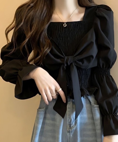 Achic(アシック)の「スクエアネック胸リボンブラウス(Tシャツ/カットソー・レディース・ブラック/アイボリー/ホワイト・M)」の11枚目の写真