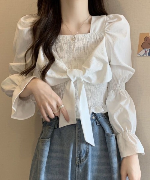 Achic(アシック)の「スクエアネック胸リボンブラウス(Tシャツ/カットソー・レディース・ブラック/アイボリー/ホワイト・M)」の14枚目の写真