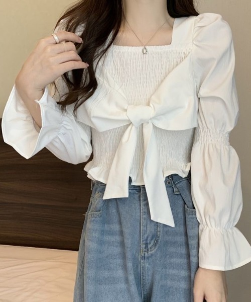 Achic(アシック)の「スクエアネック胸リボンブラウス(Tシャツ/カットソー・レディース・ブラック/アイボリー/ホワイト・M)」の15枚目の写真