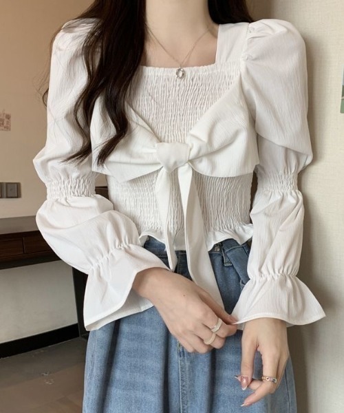 Achic(アシック)の「スクエアネック胸リボンブラウス(Tシャツ/カットソー・レディース・ブラック/アイボリー/ホワイト・M)」の16枚目の写真