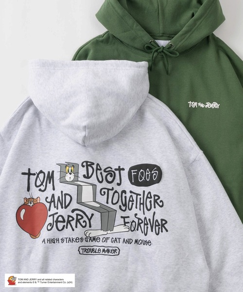 Tom＆Jerry（トムアンドジェリー）の「【TOM＆JERRY/トムとジェリー】ワンポイント＆バックBIG発泡プリント ファニーイラストデザイン ビッグシルエット 裏起毛プルパーカー/フーディ（パーカー・レディース・アッシュグレー/オレンジ/ライトグリーン/ブラック・M/XL/L）」の3枚目の写真