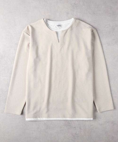 Right-on(ライトオン)の「Other(ソノタ)ワッフルジャガードフェイクレイヤード長袖Tシャツ(Tシャツ/カットソー・メンズ・オフホワイト/ブルー/ダークグレー・S/M/L/XL/XXL)」の1枚目の写真