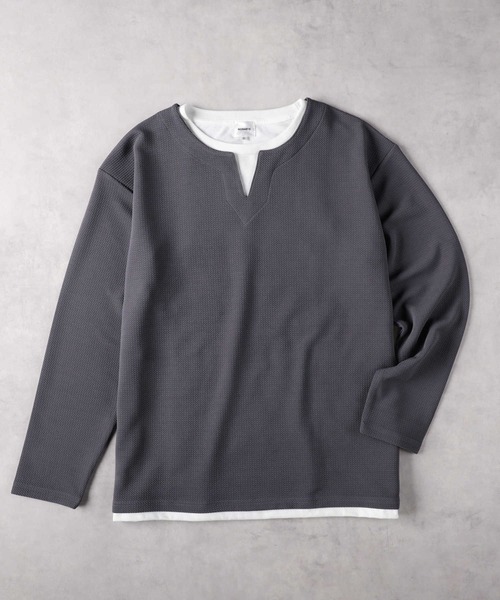 Right-on(ライトオン)の「Other(ソノタ)ワッフルジャガードフェイクレイヤード長袖Tシャツ(Tシャツ/カットソー・メンズ・オフホワイト/ブルー/ダークグレー・S/M/L/XL/XXL)」の4枚目の写真