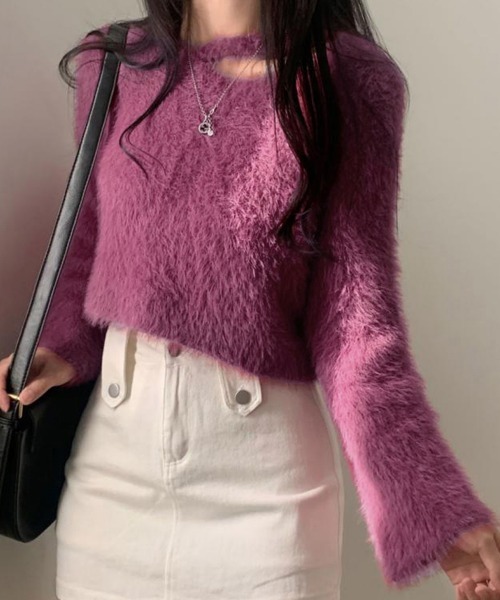 Miniministore(ミニミニストア)の「クロップド丈シャギーニット Vネック長袖(ニット/セーター・レディース・ダークパープル/ブラック/アイボリー/グレー/ブラウン/ベージュ/レッドパープル・FREE)」の7枚目の写真