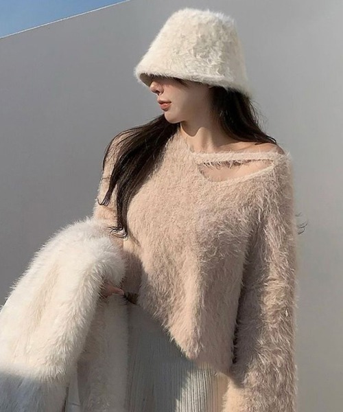 Miniministore(ミニミニストア)の「クロップド丈シャギーニット Vネック長袖(ニット/セーター・レディース・ダークパープル/ブラック/アイボリー/グレー/ブラウン/ベージュ/レッドパープル・FREE)」の12枚目の写真