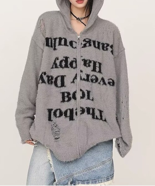 ダメージ加工ニットロゴジップルーズパーカー/グランジ Y2K（MA/EK92  
