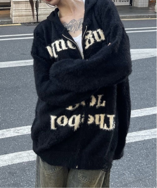 B.I.D.(ビーアイディー)の「《ダメージ加工ニットロゴジップルーズパーカー/グランジ Y2K(MA/EK92)(パーカー・メンズ・ブラック/グレー・FREE)」の1枚目の写真